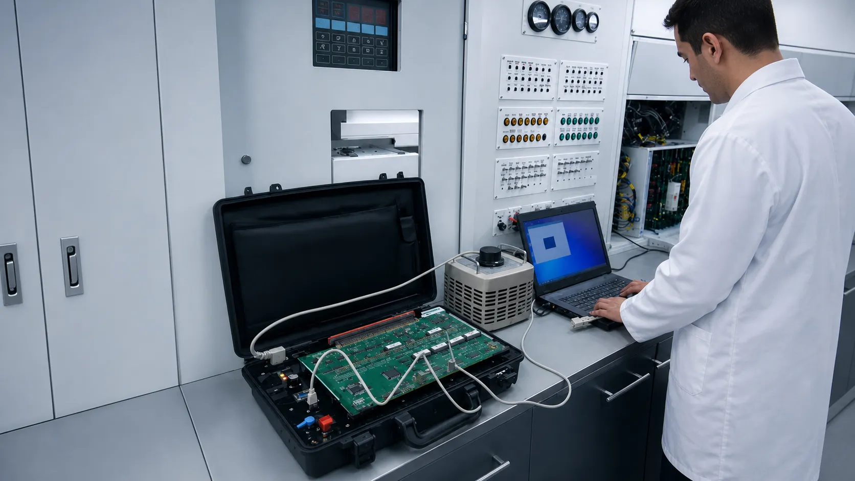 A technician testing and programming an electronic card in the laboratory using the portable Configuration Panel instead of a conventional test bench.