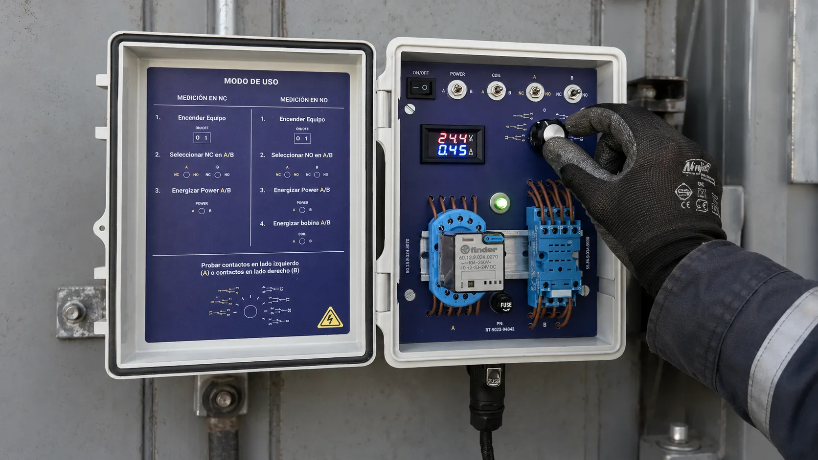 Vista del Relay Tester en condición de uso, con el relé insertado, la alimentación conectada y el mecanismo de recorrido secuencial en operación.
