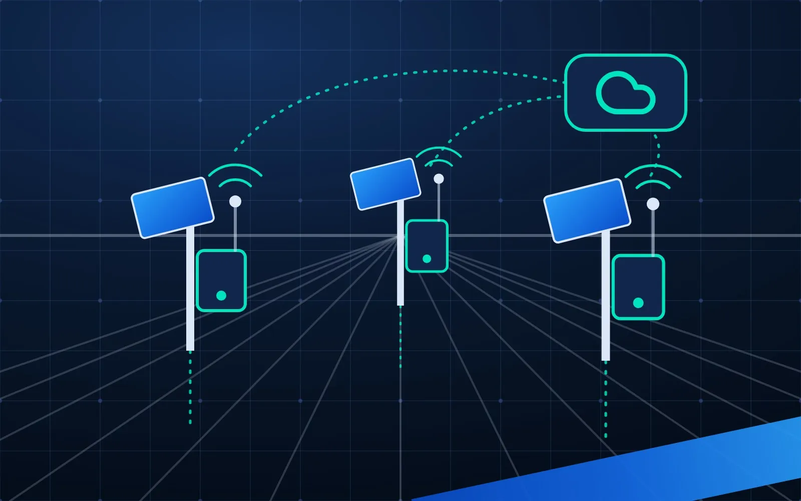 Illustration: solar-powered field stations with antennas sending their data to the cloud