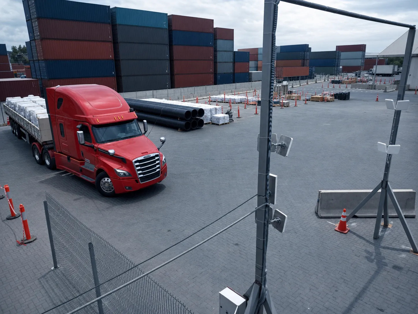 Truck at a logistics yard with an audit checkpoint